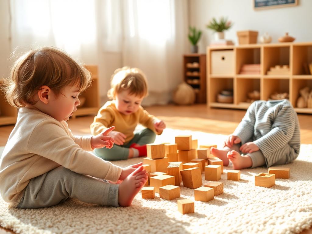 Toddlers building with wooden blocks