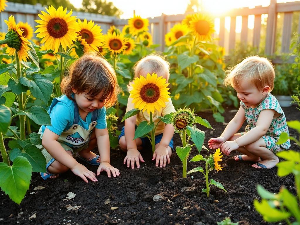 Children planting in a sunflower garden at Harmony Focus