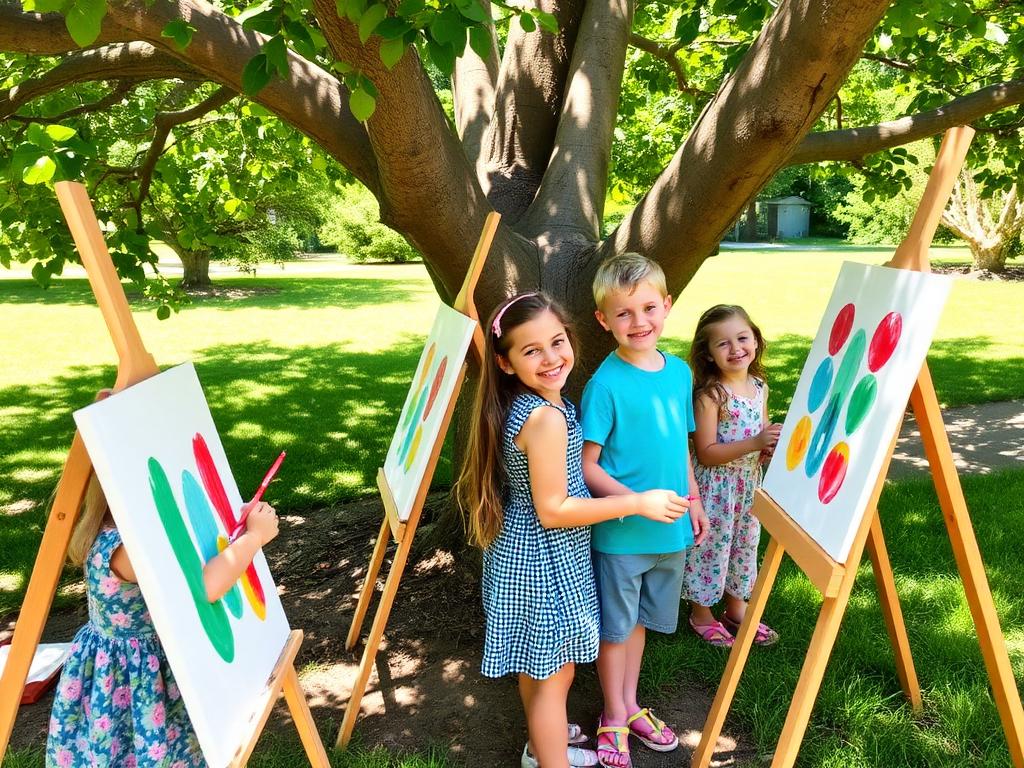 Children painting on easels outdoors under a tree
