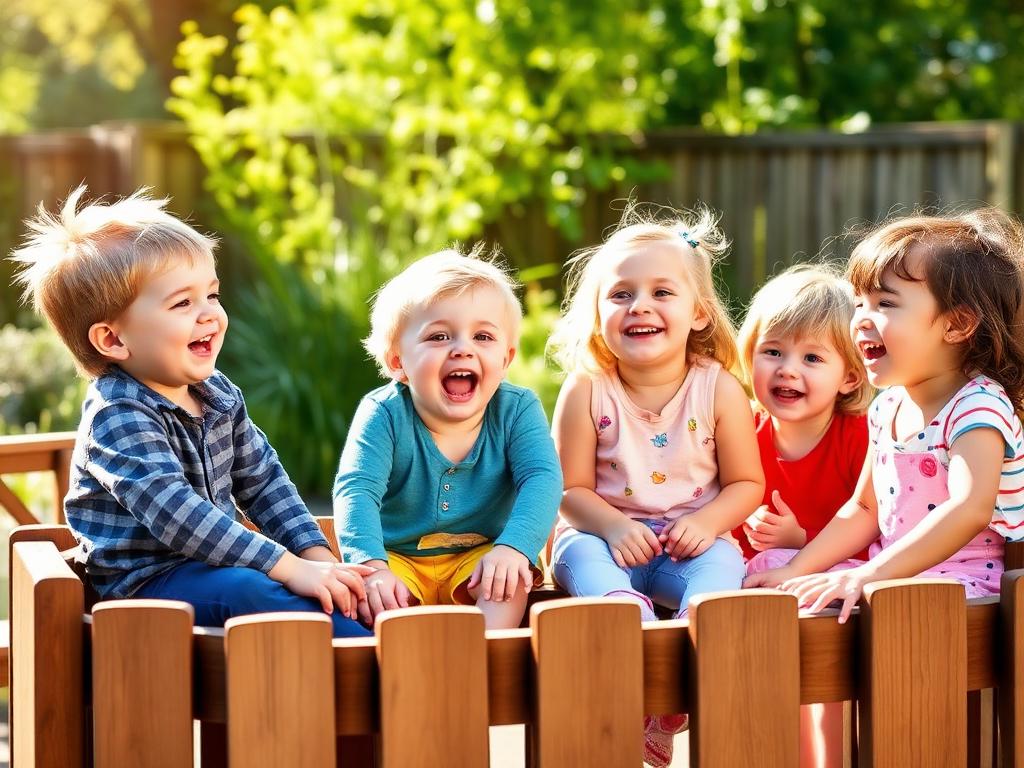 Preschoolers laughing on a wooden playground