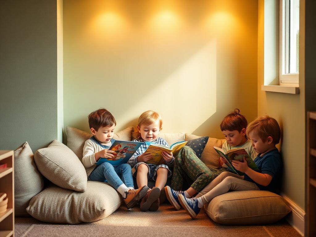 Children reading books in a cozy reading nook