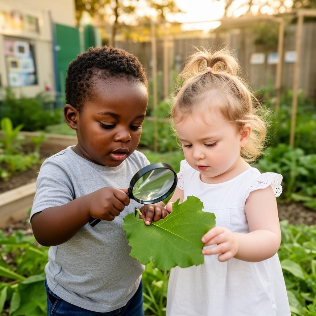 Curious toddler exploring nature with a magnifying glass